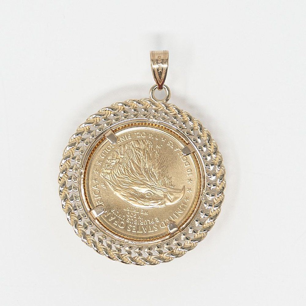 New 14k Gold Double Row Diamond Cut Bezel With 1/4oz American Eagle Coin - Picture 11 of 15